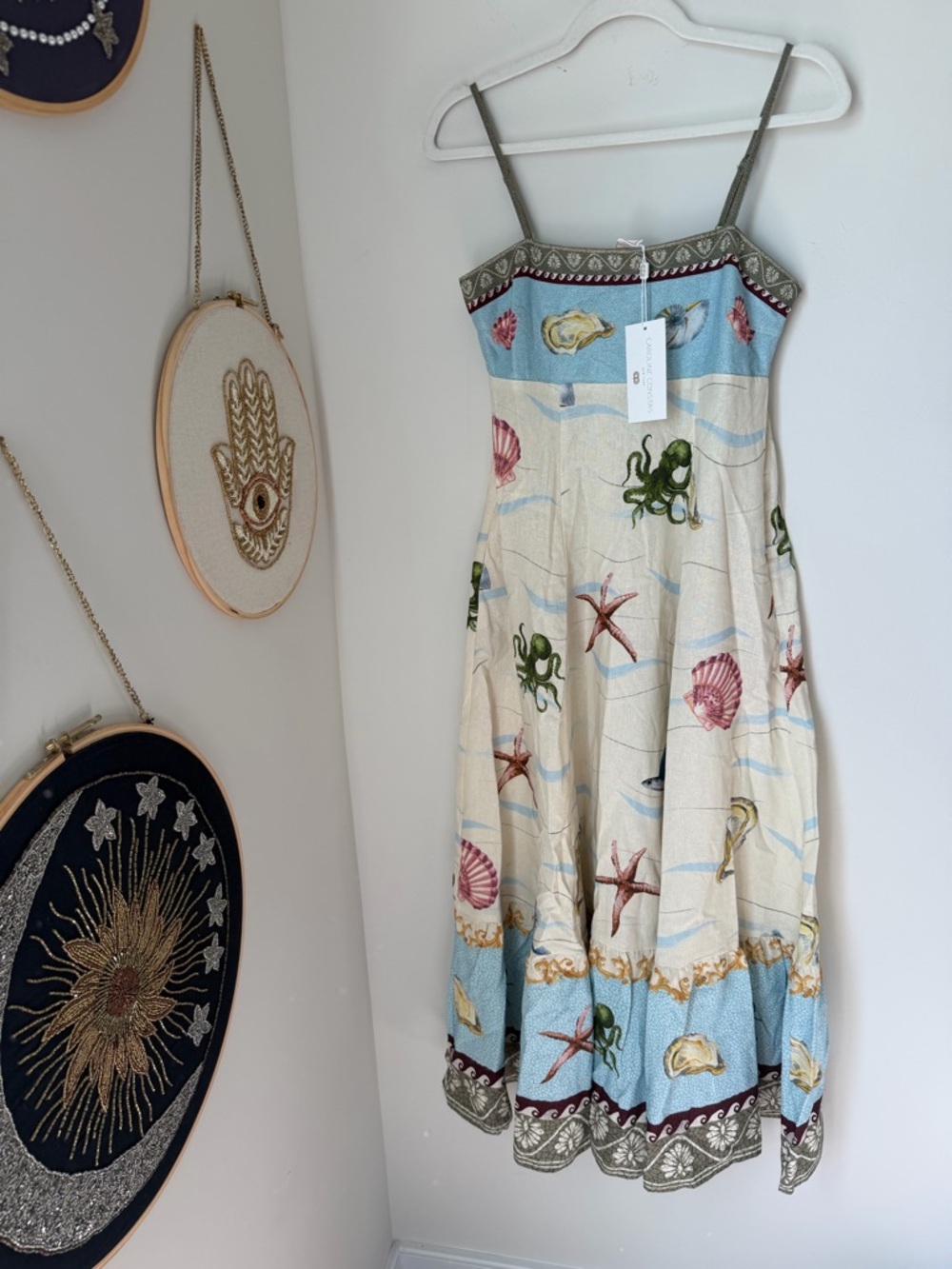Caroline Constas cream ocean Sea Life Print linen sleeveless maxi dress